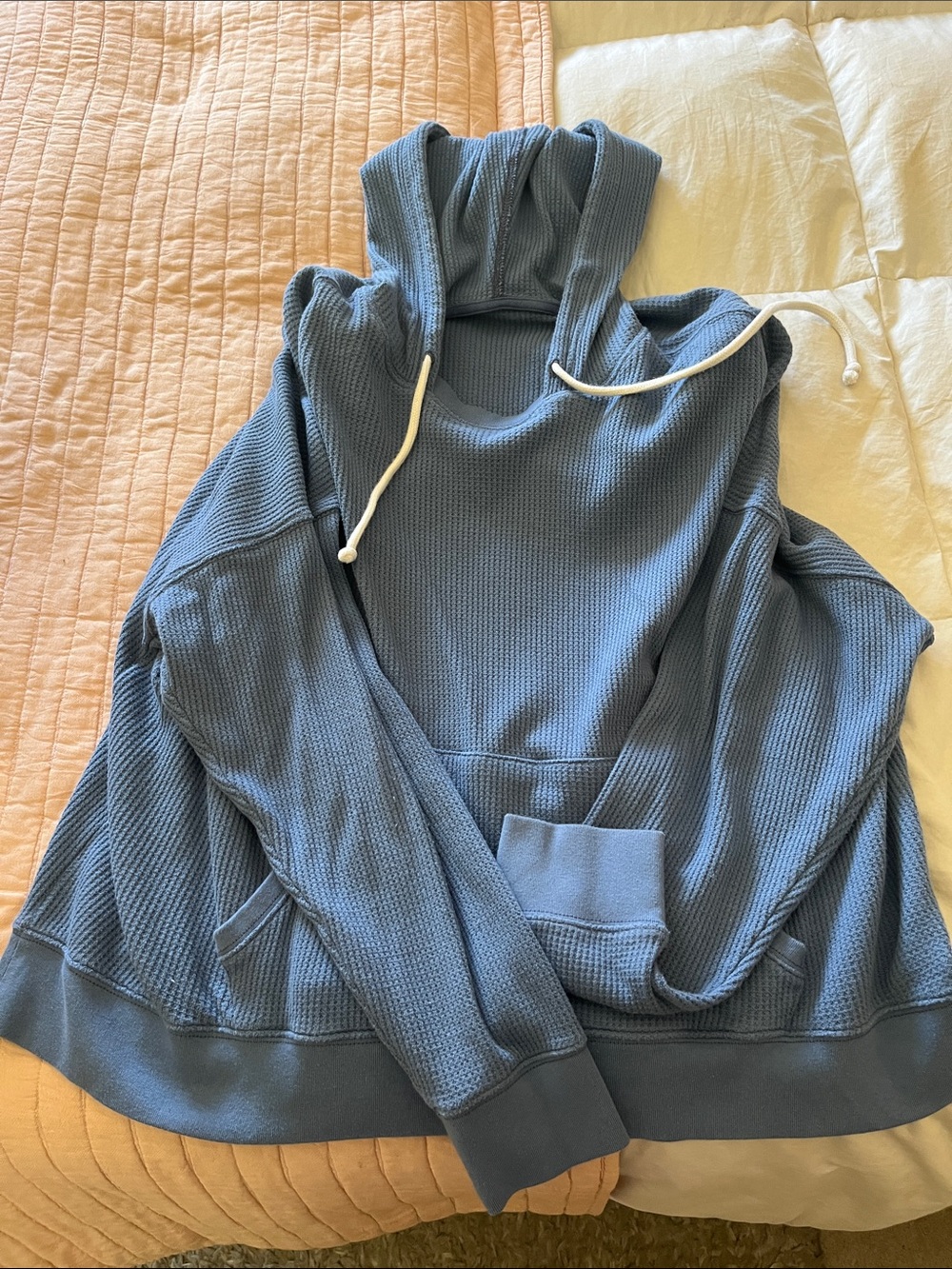 aerie Waffle-Knit Hooded Pullover in Dusty Blue